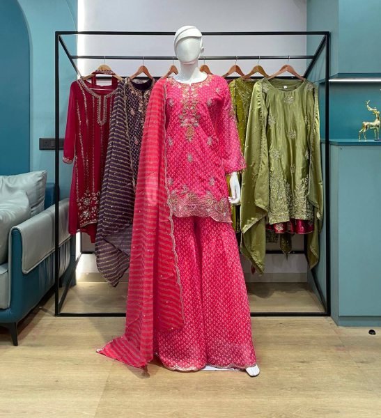 Opulent Pink Printed Chinon Embroidered Kurti Sharara with Dupatta for Wedding Wear at Wholesale Rate  Ready To Wear Collection