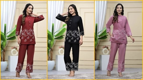 Opulent Pink Rayon Silk Embroidered Kurti Pant Set for Office Wear CO ORD Sets