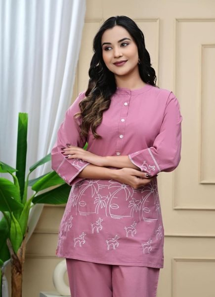 Opulent Pink Rayon Silk Embroidered Kurti Pant Set for Office Wear CO ORD Sets