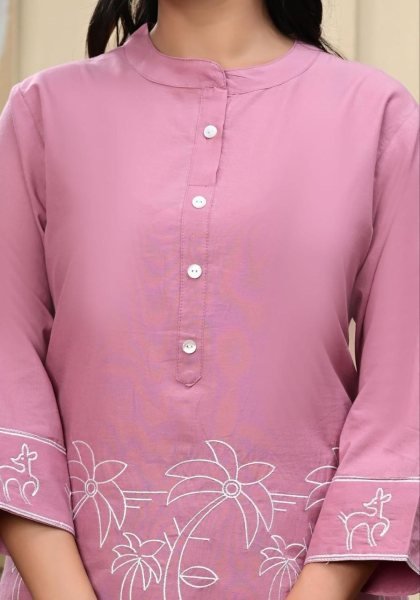 Opulent Pink Rayon Silk Embroidered Kurti Pant Set for Office Wear CO ORD Sets