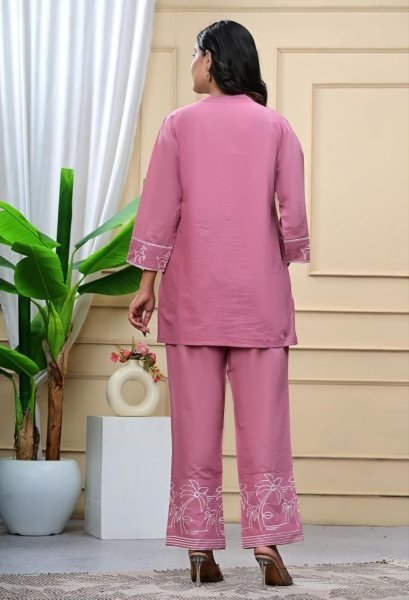 Opulent Pink Rayon Silk Embroidered Kurti Pant Set for Office Wear CO ORD Sets