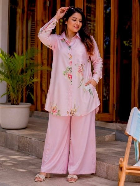 Opulent Pink Women's Butter Silk Shirt and Palazzo Two Piece Set For Festival Kurtis