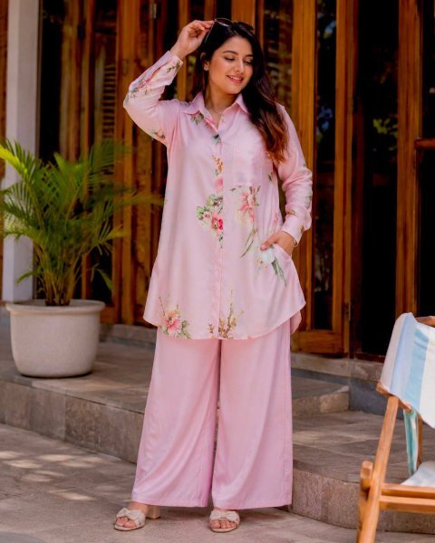 Opulent Pink Women's Butter Silk Shirt and Palazzo Two Piece Set For Festival CO ORD Sets