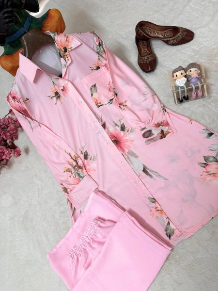 Opulent Pink Women's Butter Silk Shirt and Palazzo Two Piece Set For Festival CO ORD Sets
