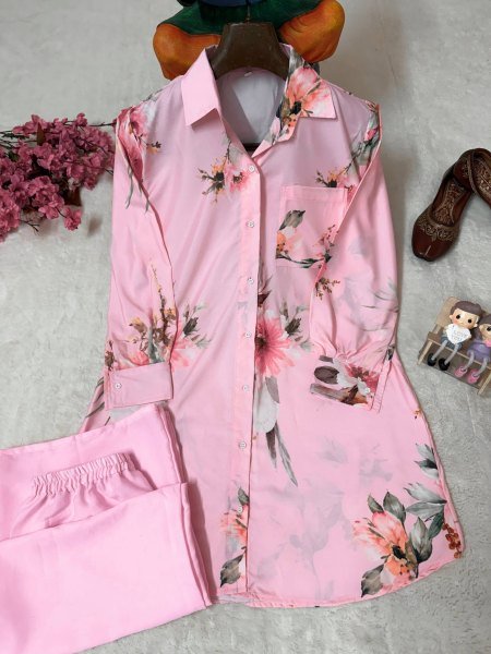 Opulent Pink Women's Butter Silk Shirt and Palazzo Two Piece Set For Festival CO ORD Sets