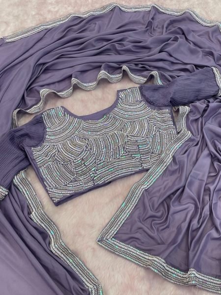 Opulent Purple Chocolate Silk Saree with Beaded Lace and Piping Detail For Wedding 