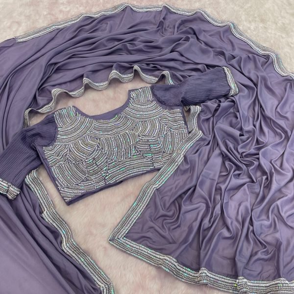 Opulent Purple Chocolate Silk Saree with Beaded Lace and Piping Detail For Wedding Embroidery Sarees Wholesale