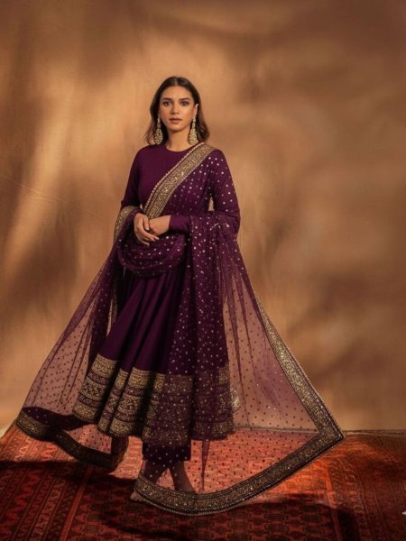 Opulent Purple Fox Georgette Embroidered Gown with Heavy Sequence Work and Matching Dupatta Ready To Wear Suit