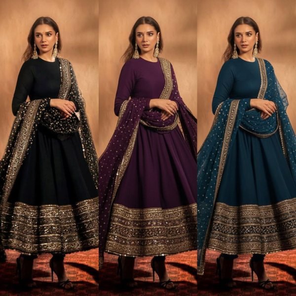Opulent Purple Fox Georgette Embroidered Gown with Heavy Sequence Work and Matching Dupatta Ready To Wear Collection