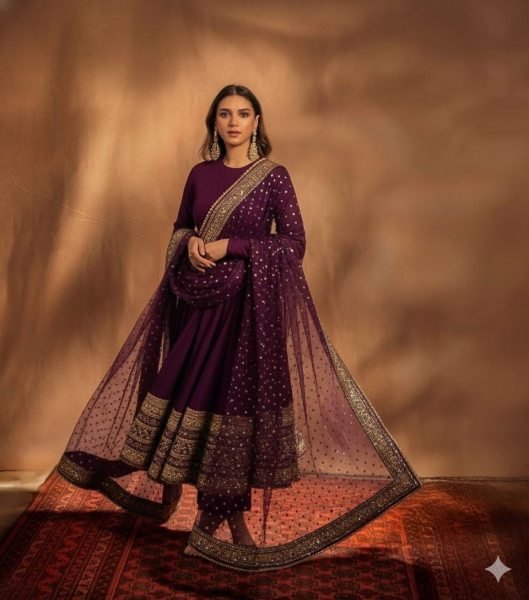 Opulent Purple Fox Georgette Embroidered Gown with Heavy Sequence Work and Matching Dupatta Ready To Wear Collection