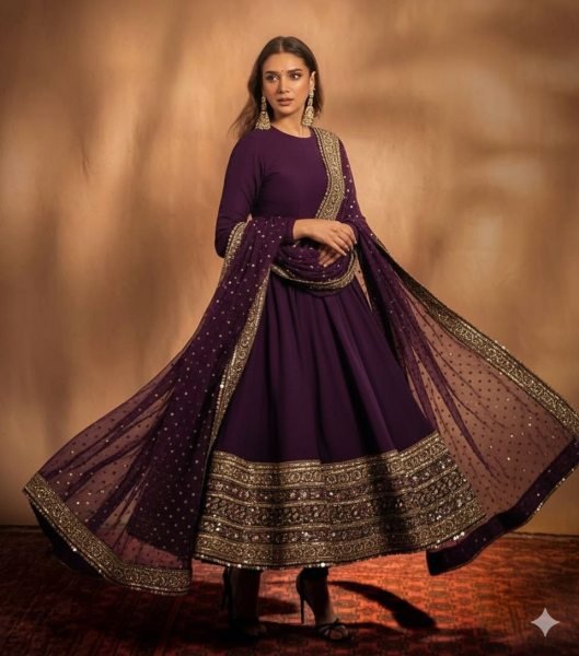 Opulent Purple Fox Georgette Embroidered Gown with Heavy Sequence Work and Matching Dupatta Ready To Wear Collection