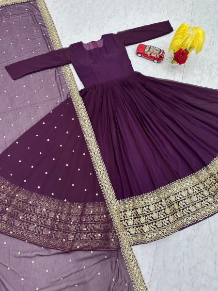 Opulent Purple Fox Georgette Embroidered Gown with Heavy Sequence Work and Matching Dupatta Ready To Wear Collection