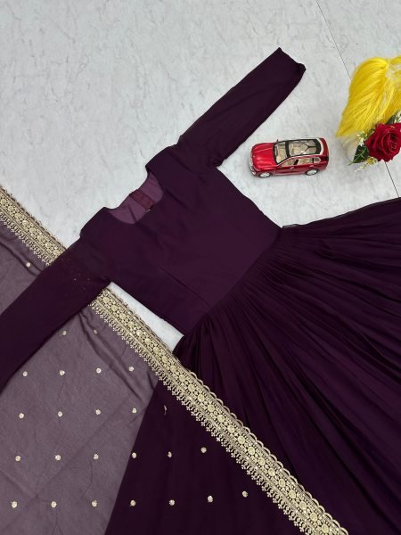 Opulent Purple Fox Georgette Embroidered Gown with Heavy Sequence Work and Matching Dupatta Ready To Wear Collection