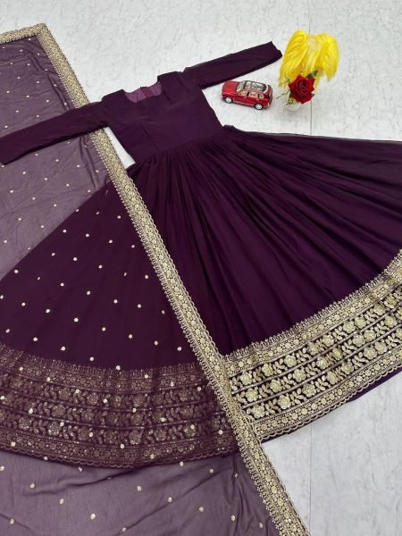 Opulent Purple Fox Georgette Embroidered Gown with Heavy Sequence Work and Matching Dupatta Ready To Wear Collection