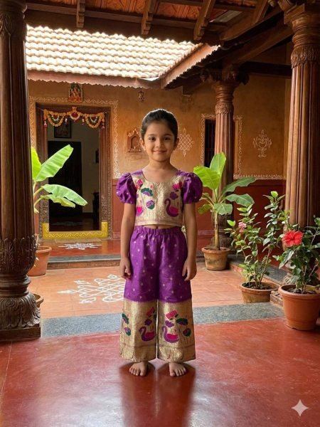 Opulent Purple Paithani Silk Kids Co-ord Set with Gold Zari Peacock Motifs Kurtis