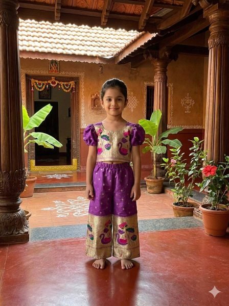 Opulent Purple Paithani Silk Kids Co-ord Set with Gold Zari Peacock Motifs Girls Wear