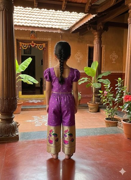 Opulent Purple Paithani Silk Kids Co-ord Set with Gold Zari Peacock Motifs Girls Wear