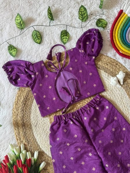 Opulent Purple Paithani Silk Kids Co-ord Set with Gold Zari Peacock Motifs Girls Wear