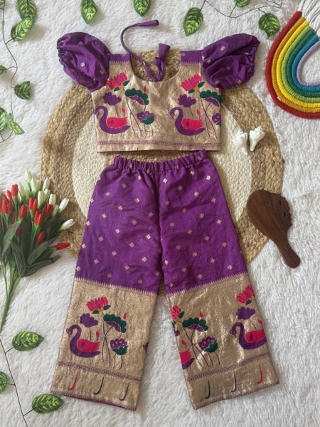 Opulent Purple Paithani Silk Kids Co-ord Set with Gold Zari Peacock Motifs Girls Wear