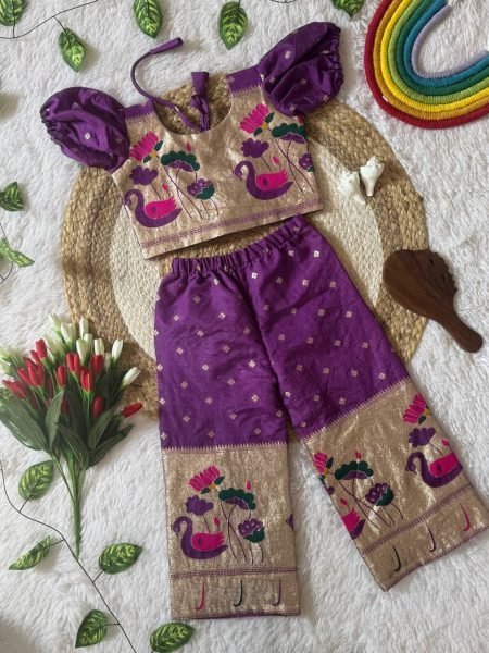 Opulent Purple Paithani Silk Kids Co-ord Set with Gold Zari Peacock Motifs Girls Wear