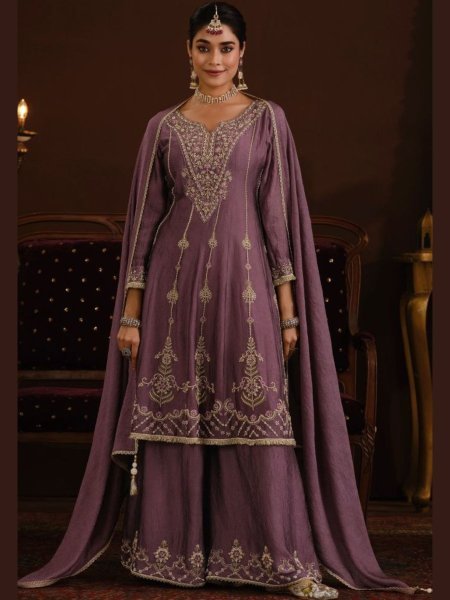 Opulent Purple Rangoli Crush Fabric Anarkali Sharara Set with Dupatta for Women Salwar Kameez