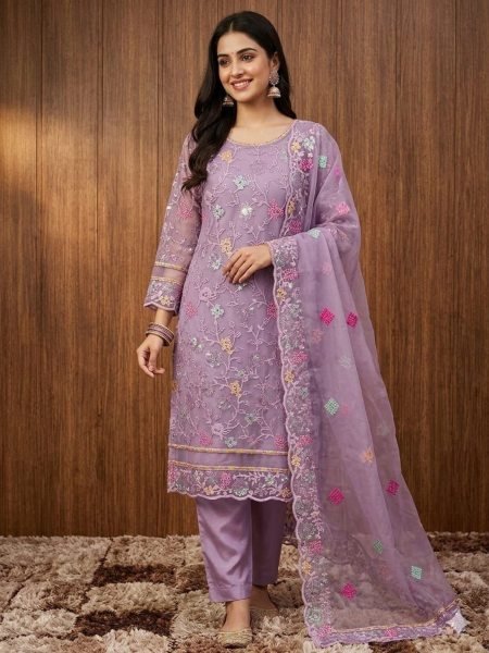 Opulent Purple Women's Organza Silk Suit with Designer Embroidery and Elegant Dupatta 