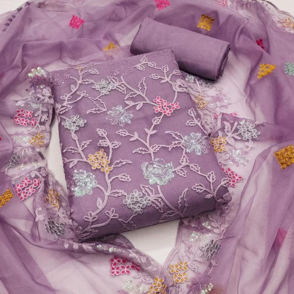 Opulent Purple Women's Organza Silk Suit with Designer Embroidery and Elegant Dupatta Color Set Matching Dress Material Wholesale