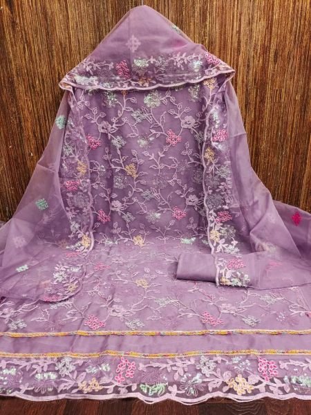 Opulent Purple Women's Organza Silk Suit with Designer Embroidery and Elegant Dupatta Color Set Matching Dress Material Wholesale