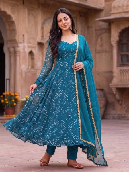 Opulent Rama Georgette Bandhani Anarkali Set with Heavy Crepe Inner at Manufacturer  Kurtis