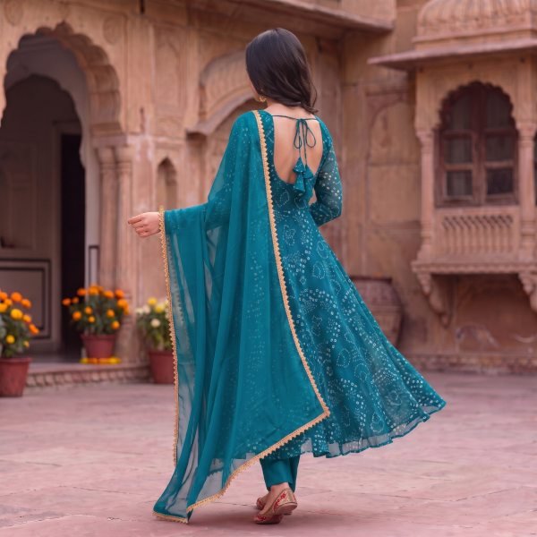 Opulent Rama Georgette Bandhani Anarkali Set with Heavy Crepe Inner at Manufacturer  Anarkali Kurtis 