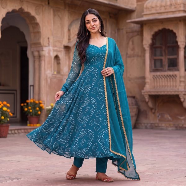 Opulent Rama Georgette Bandhani Anarkali Set with Heavy Crepe Inner at Manufacturer  Anarkali Kurtis 