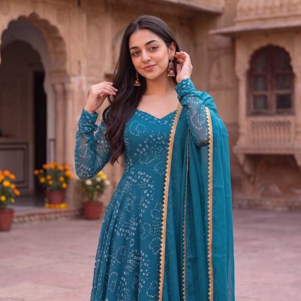 Opulent Rama Georgette Bandhani Anarkali Set with Heavy Crepe Inner at Manufacturer  Anarkali Kurtis 