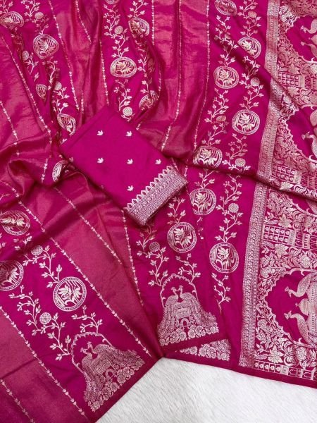 Opulent Rani Pink Designer Crepe Khadi Cotton Silk Saree with Peacock Zari Weaving