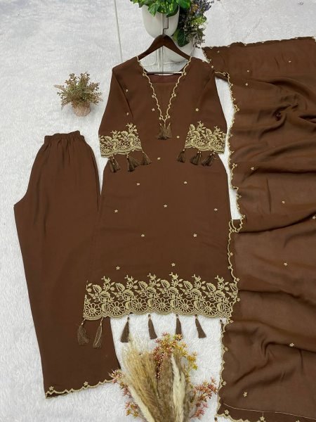 Opulent Rayon Top Palazzo Set with Embroidery Work and Border Latkan Dupatta For Women Ready To Wear Collection