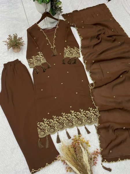 Opulent Rayon Top Palazzo Set with Embroidery Work and Border Latkan Dupatta For Women Ready To Wear Collection
