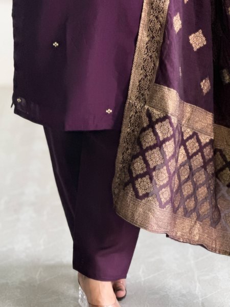 Opulent Roman Silk Embroidered Top Bottom Set with Jacquard Silk Dupatta for Festival Wear  Straight Cut Long Kurtis