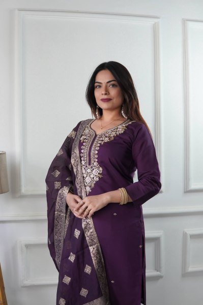 Opulent Roman Silk Embroidered Top Bottom Set with Jacquard Silk Dupatta for Festival Wear  Straight Cut Long Kurtis