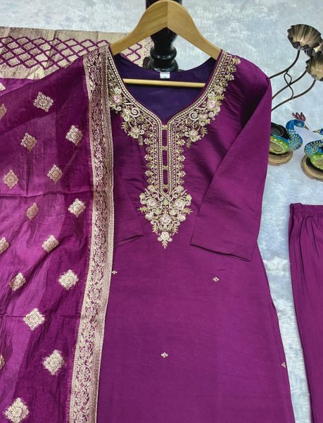 Opulent Roman Silk Embroidered Top Bottom Set with Jacquard Silk Dupatta for Festival Wear  Straight Cut Long Kurtis