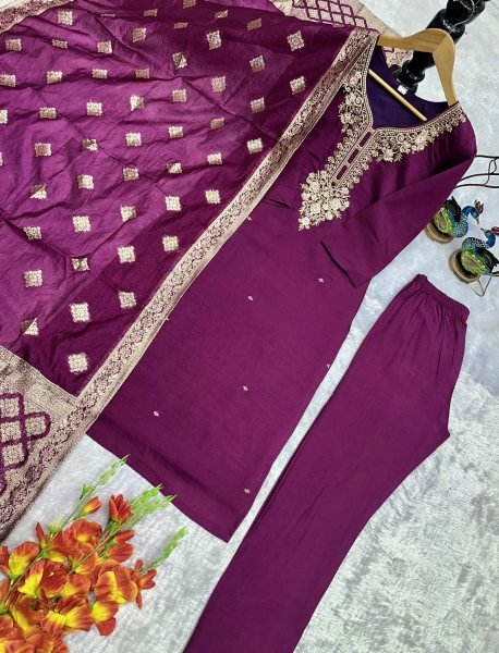 Opulent Roman Silk Embroidered Top Bottom Set with Jacquard Silk Dupatta for Festival Wear  Straight Cut Long Kurtis