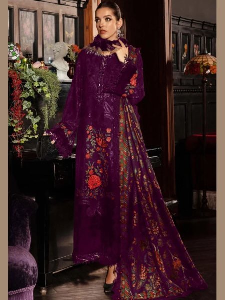 Opulent Royal Purple Rayon Cotton Embroidered Salwar Suit with Muslin Print Dupatta 