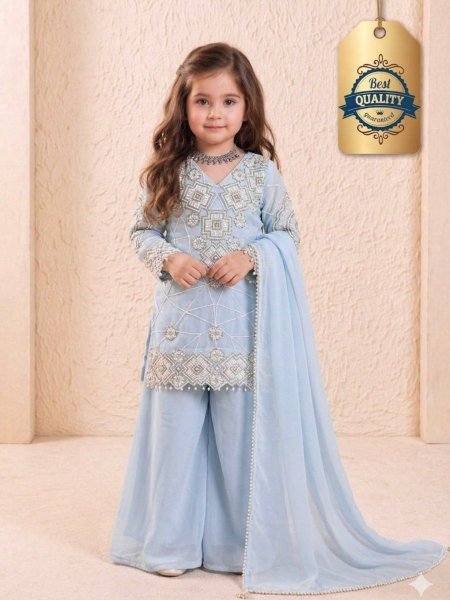 Opulent Sky Blue Girls Wedding Wear Top Palazzo Set with Sequence Work Kurtis