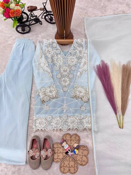 Opulent Sky Blue Girls Wedding Wear Top Palazzo Set with Sequence Work Girls Wear