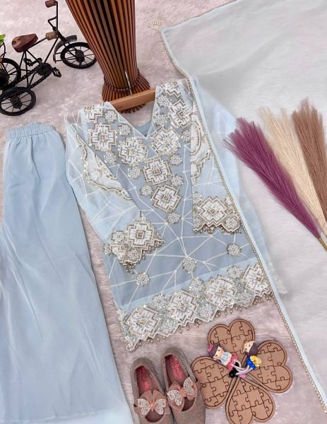Opulent Sky Blue Girls Wedding Wear Top Palazzo Set with Sequence Work Girls Wear