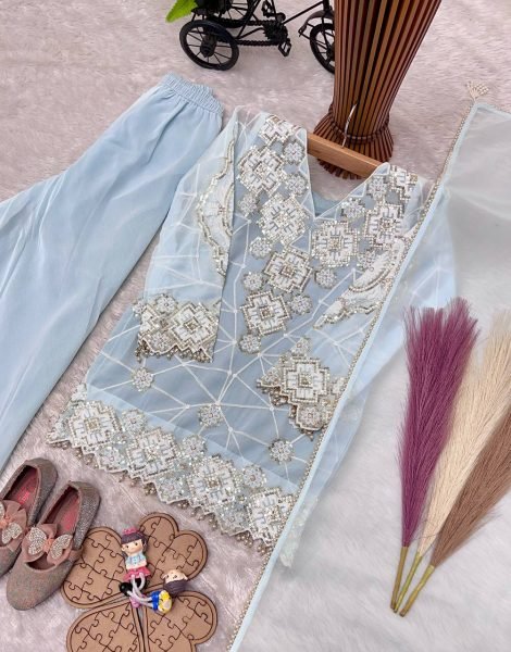 Opulent Sky Blue Girls Wedding Wear Top Palazzo Set with Sequence Work Girls Wear