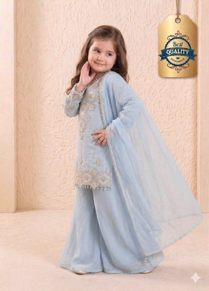 Opulent Sky Blue Girls Wedding Wear Top Palazzo Set with Sequence Work Girls Wear