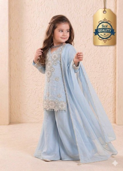 Opulent Sky Blue Girls Wedding Wear Top Palazzo Set with Sequence Work Girls Wear