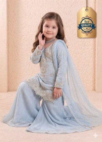 Opulent Sky Blue Girls Wedding Wear Top Palazzo Set with Sequence Work Girls Wear