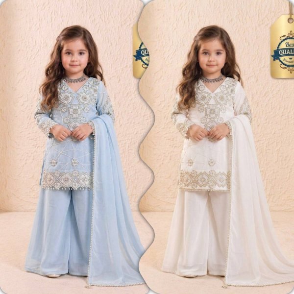 Opulent Sky Blue Girls Wedding Wear Top Palazzo Set with Sequence Work Girls Wear