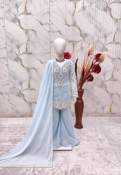 Opulent Sky Blue Girls Wedding Wear Top Palazzo Set with Sequence Work Girls Wear