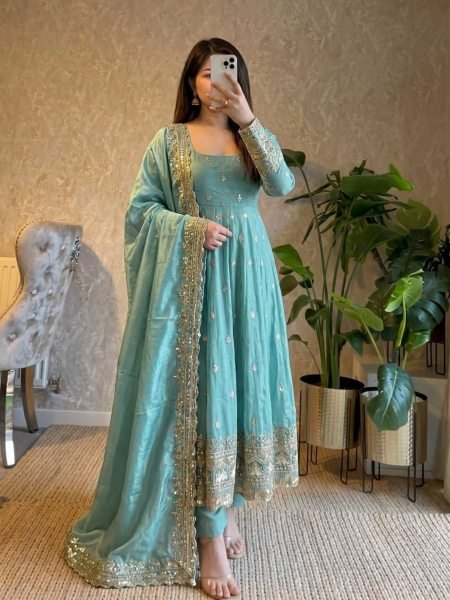 Opulent Sky Blue Stylish Full Stitched Fandy Silk Gown Set with Heavy Sequins Embroidery Ready To Wear Suit